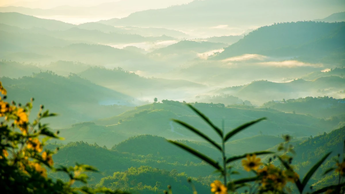 Mist over forested mountain ridges in northern Thailand at sunrise