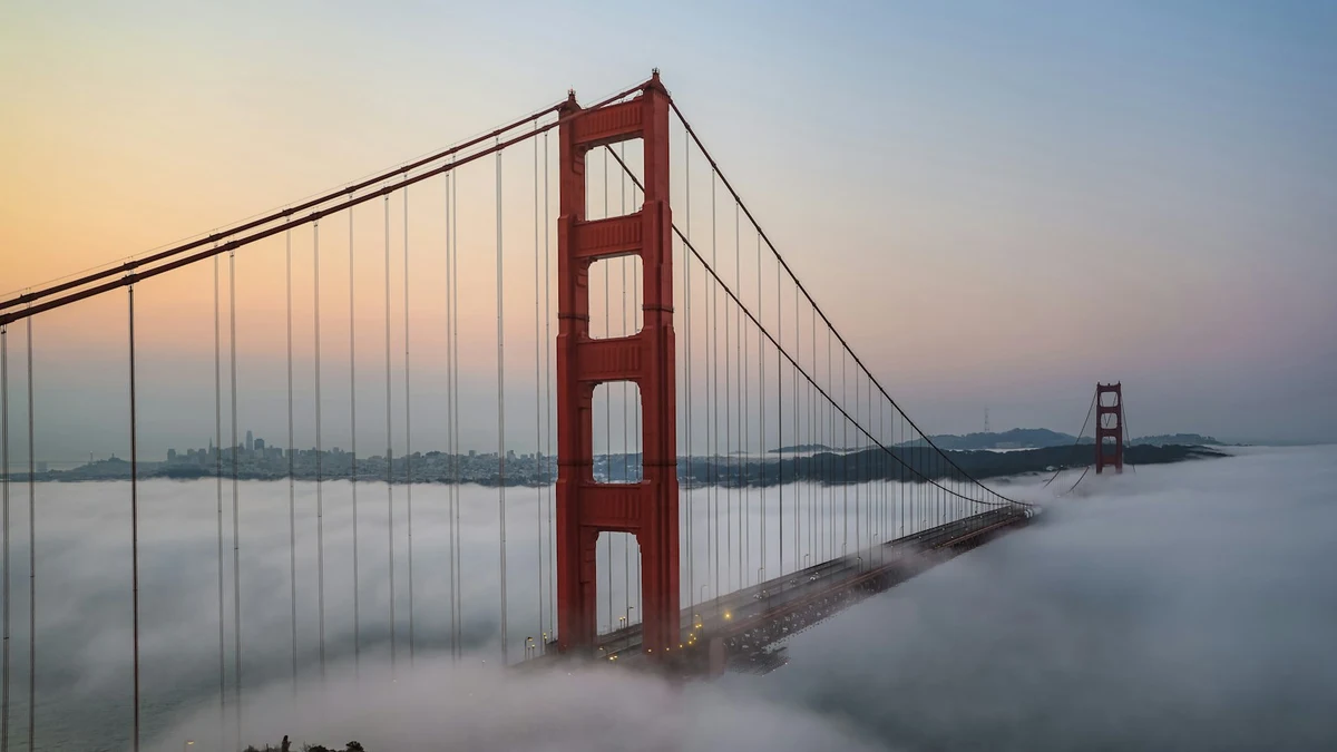 The Golden Gate Bridge rising above a low bank of fog at first light