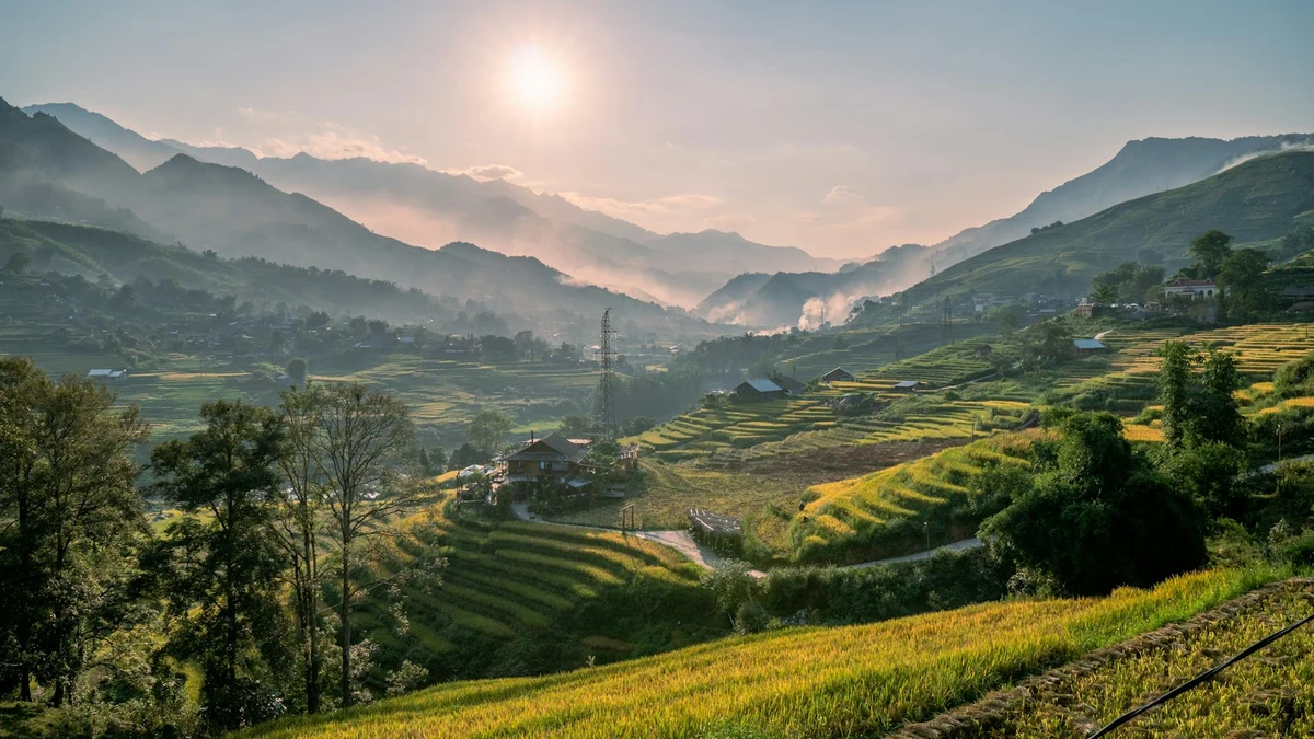Terraced rice fields and a transmission pylon in a misty northern Vietnamese valley